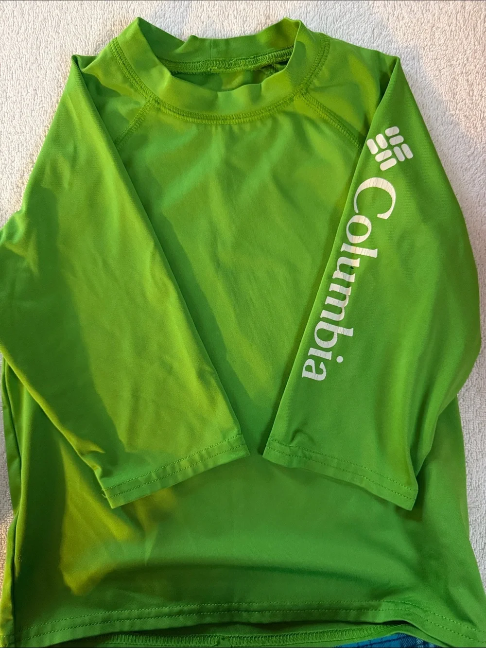 Columbia boy’s Neon Green Rash Guard with Striped Swim Shorts